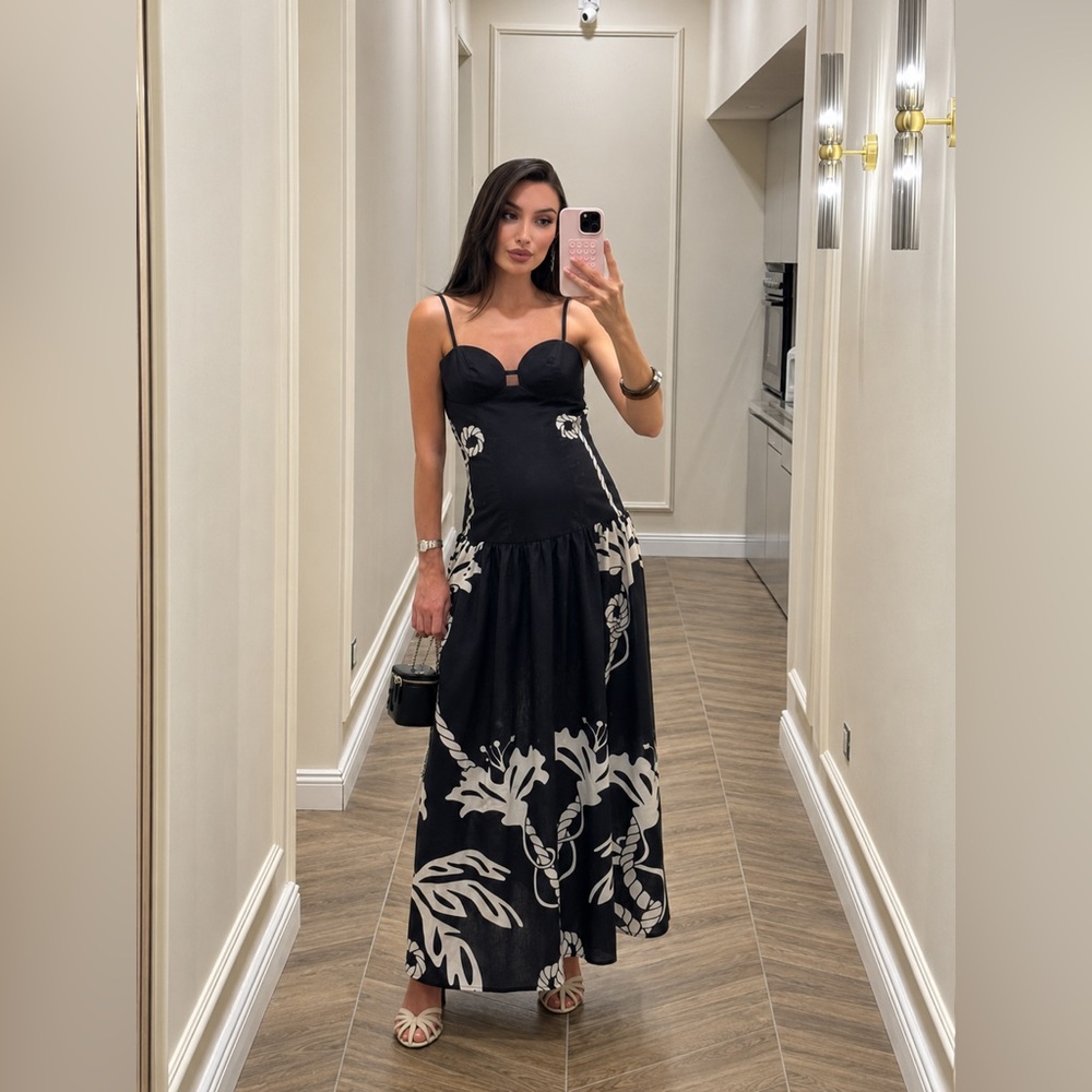 Commense Black Maxi Dress with White Floral Print